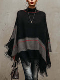 Black and Grey Colour-block Knit Poncho with Crimson Stripe Accent and Fringe Trim