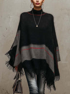 Black and Grey Colour-block Knit Poncho with Crimson Stripe Accent and Fringe Trim