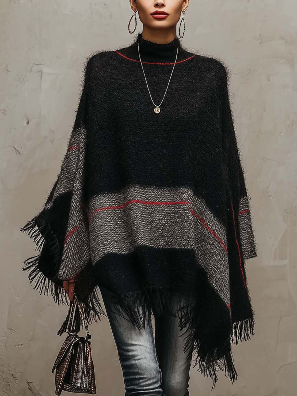 Black and Grey Colour-block Knit Poncho with Crimson Stripe Accent and Fringe Trim