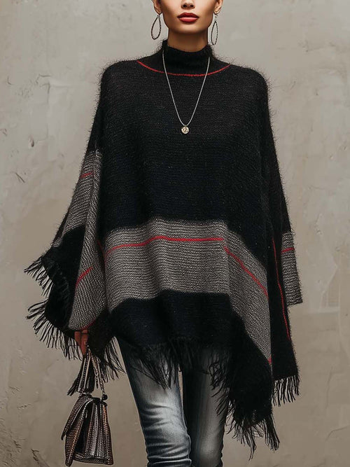 Black and Grey Colour-block Knit Poncho with Crimson Stripe Accent and Fringe Trim