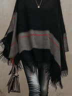 Black and Grey Colour-block Knit Poncho with Crimson Stripe Accent and Fringe Trim