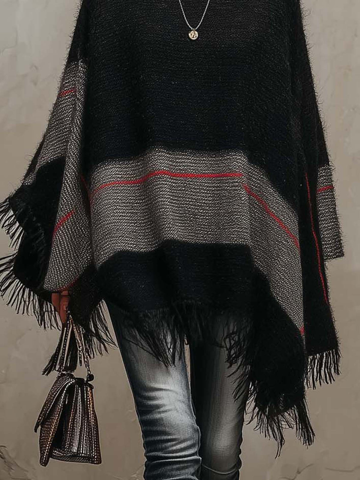 Black and Grey Colour-block Knit Poncho with Crimson Stripe Accent and Fringe Trim