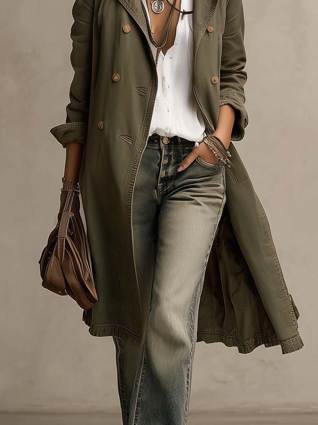 Vintage-Washed Olive Cotton Trench Jacket with Double-Breasted Buttons
