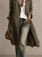 Vintage-Washed Olive Cotton Trench Jacket with Double-Breasted Buttons