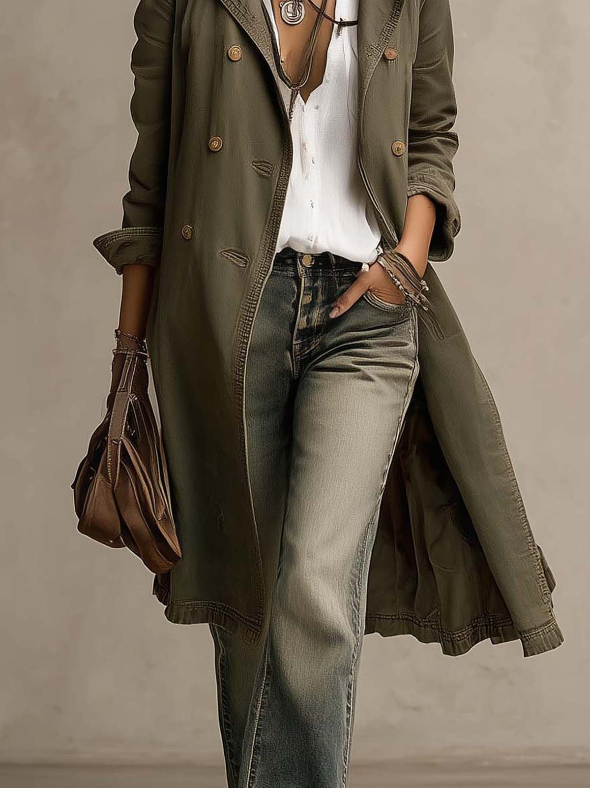 Vintage-Washed Olive Cotton Trench Jacket with Double-Breasted Buttons