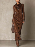 Chocolate Brown Velvet Maxi Dress with Cowl Neck and Contrast Lace Trim