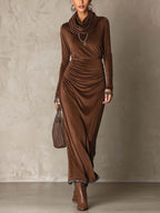 Chocolate Brown Velvet Maxi Dress with Cowl Neck and Contrast Lace Trim