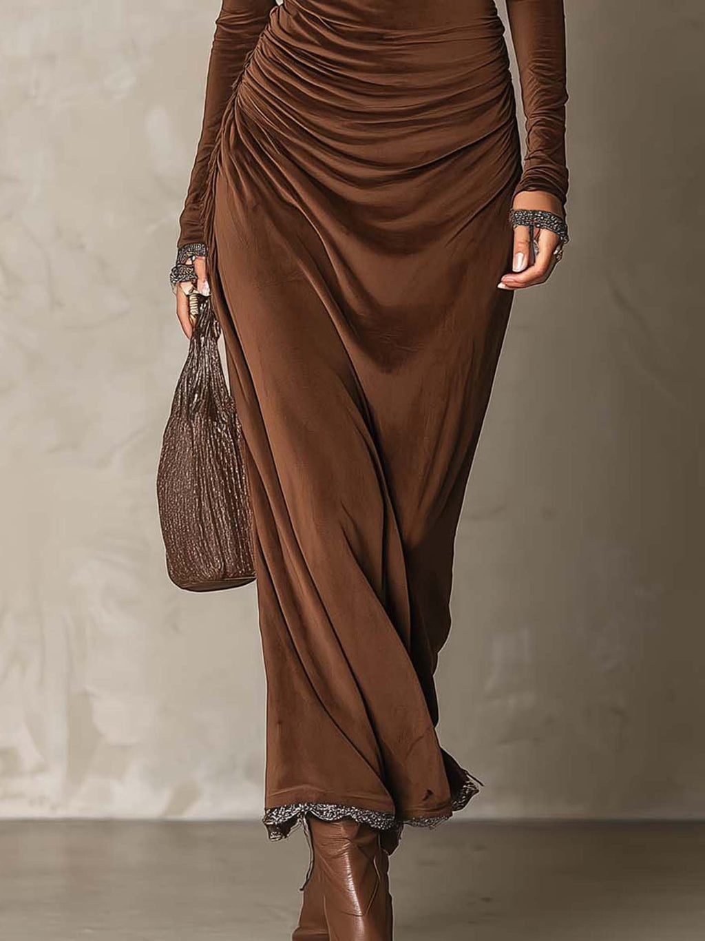 Chocolate Brown Velvet Maxi Dress with Cowl Neck and Contrast Lace Trim