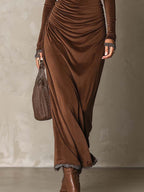 Chocolate Brown Velvet Maxi Dress with Cowl Neck and Contrast Lace Trim
