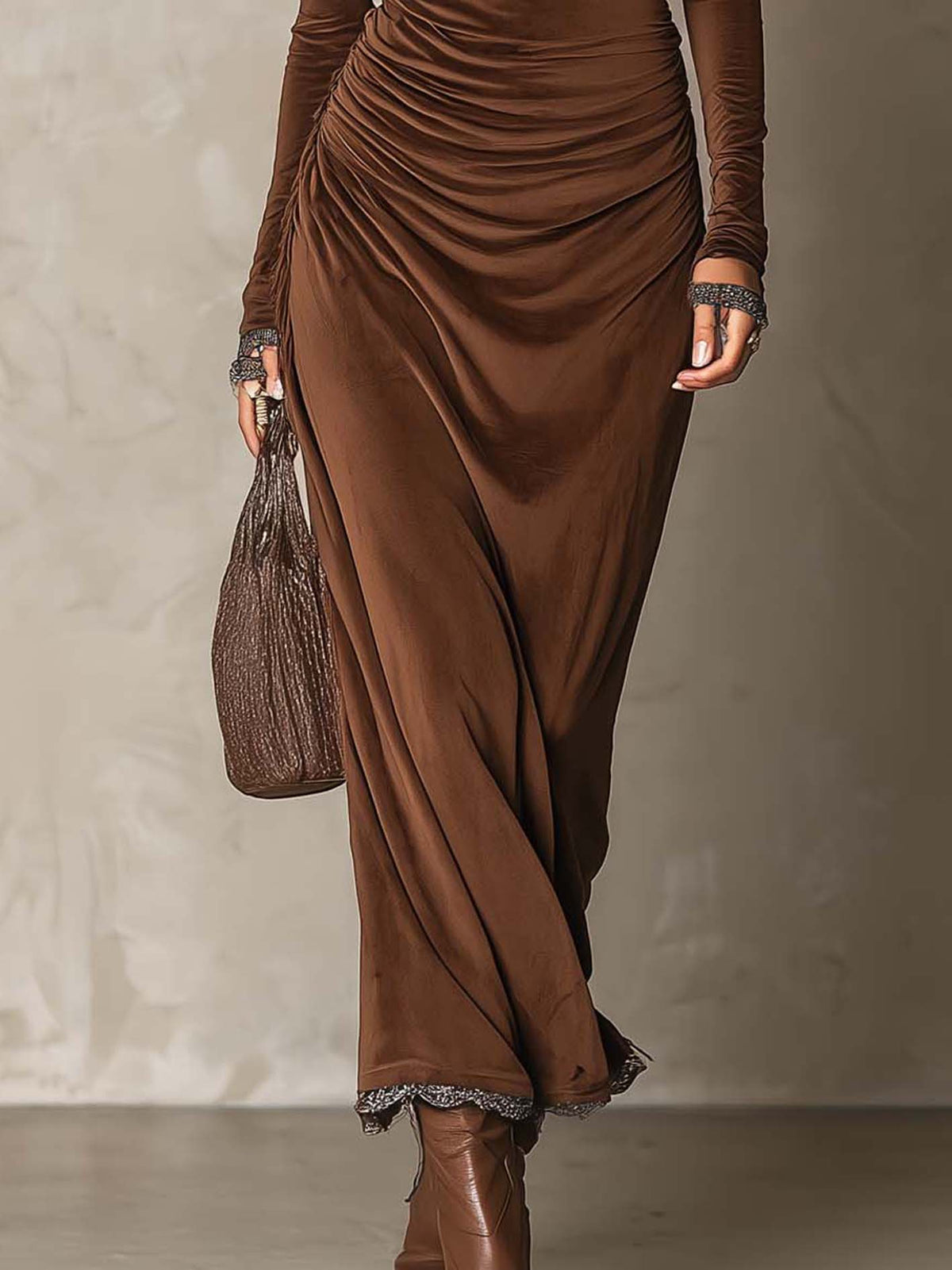 Chocolate Brown Velvet Maxi Dress with Cowl Neck and Contrast Lace Trim