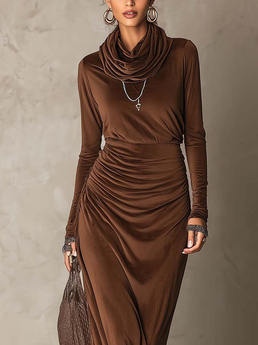 Chocolate Brown Velvet Maxi Dress with Cowl Neck and Contrast Lace Trim