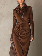 Chocolate Brown Velvet Maxi Dress with Cowl Neck and Contrast Lace Trim