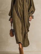 Distressed Olive Faux Suede Maxi Dress with Pleated Mock Neck and Balloon Sleeves
