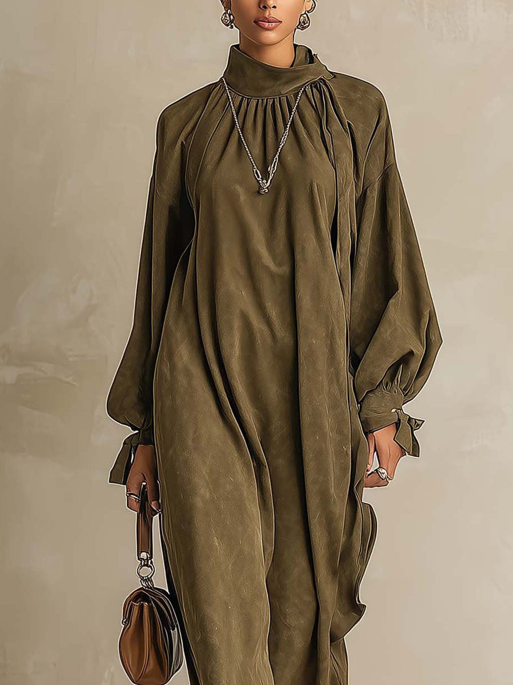 Distressed Olive Faux Suede Maxi Dress with Pleated Mock Neck and Balloon Sleeves