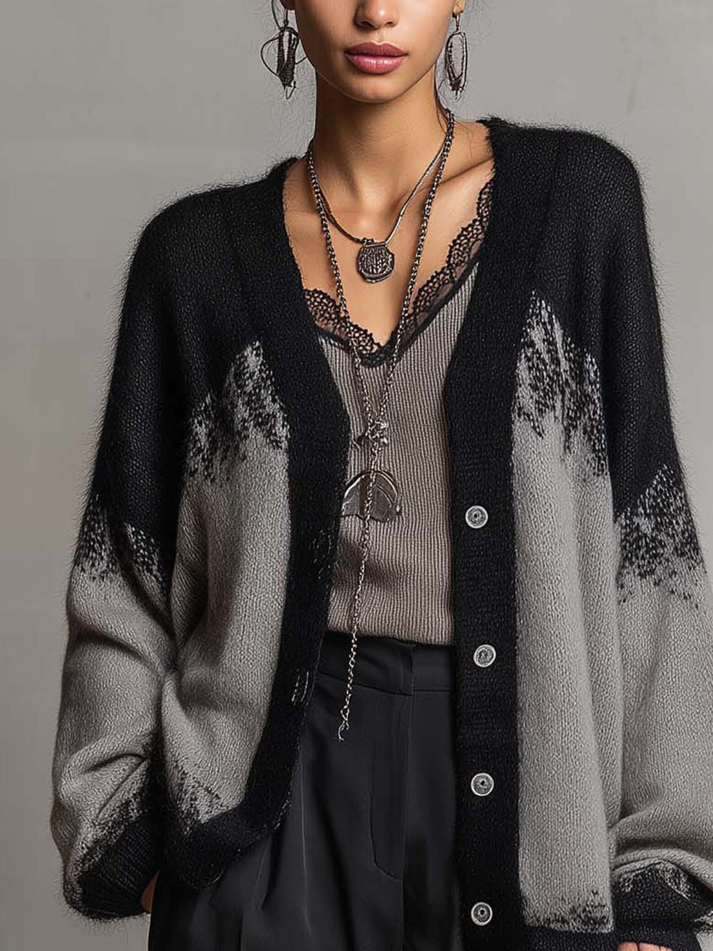 Grey and Black Colour-block Knit Cardigan with Balloon Sleeves