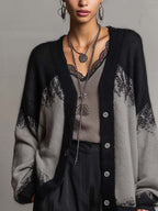 Grey and Black Colour-block Knit Cardigan with Balloon Sleeves