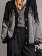 Grey and Black Colour-block Knit Cardigan with Balloon Sleeves