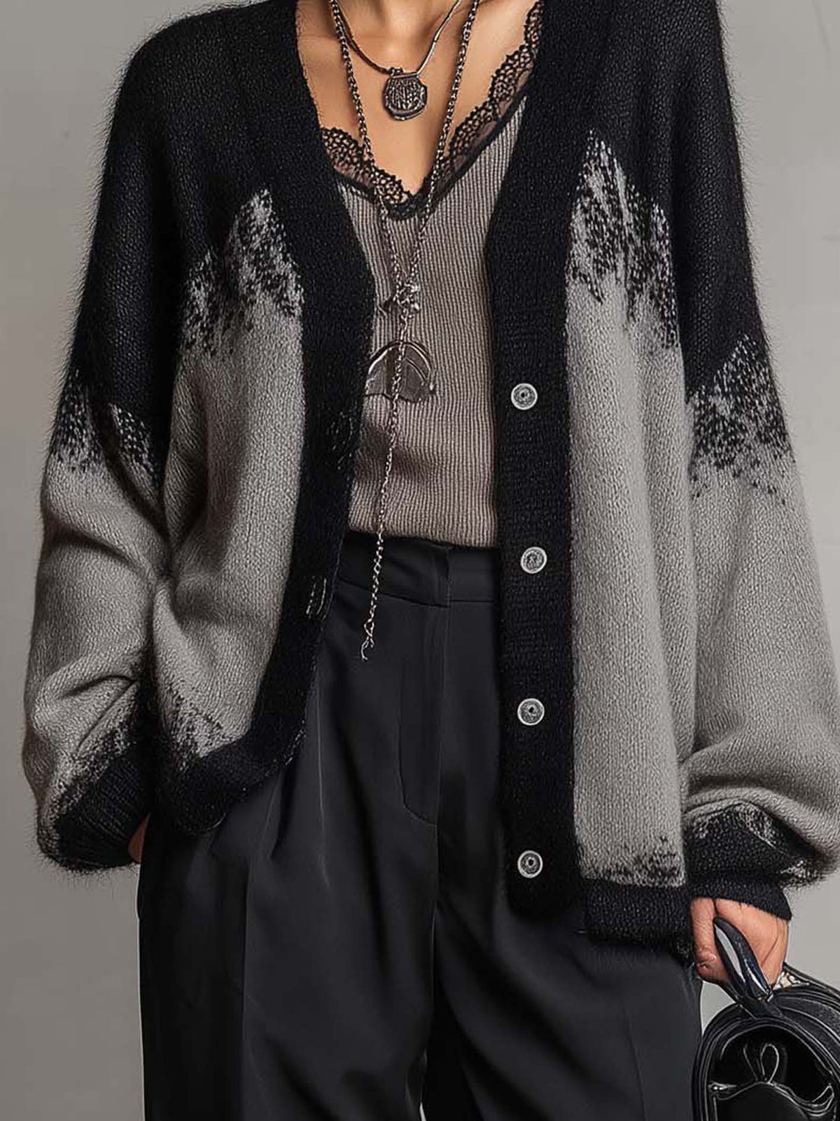 Grey and Black Colour-block Knit Cardigan with Balloon Sleeves