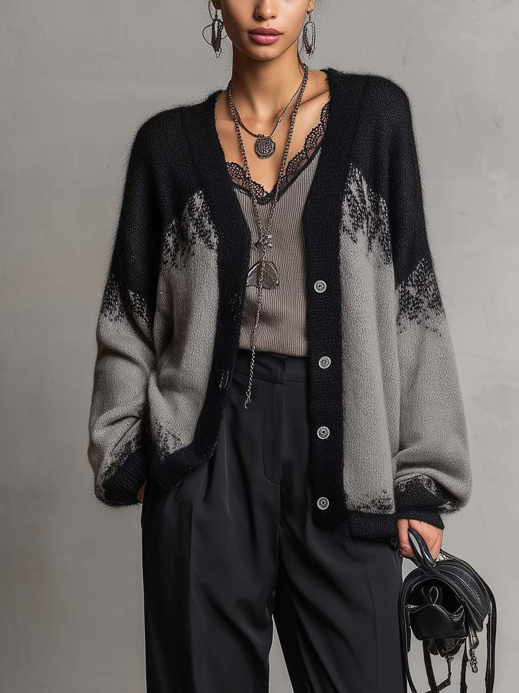 Grey and Black Colour-block Knit Cardigan with Balloon Sleeves