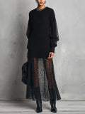 Black Knit Maxi Dress with Polka Dot Sheer Mesh Patchwork Hem