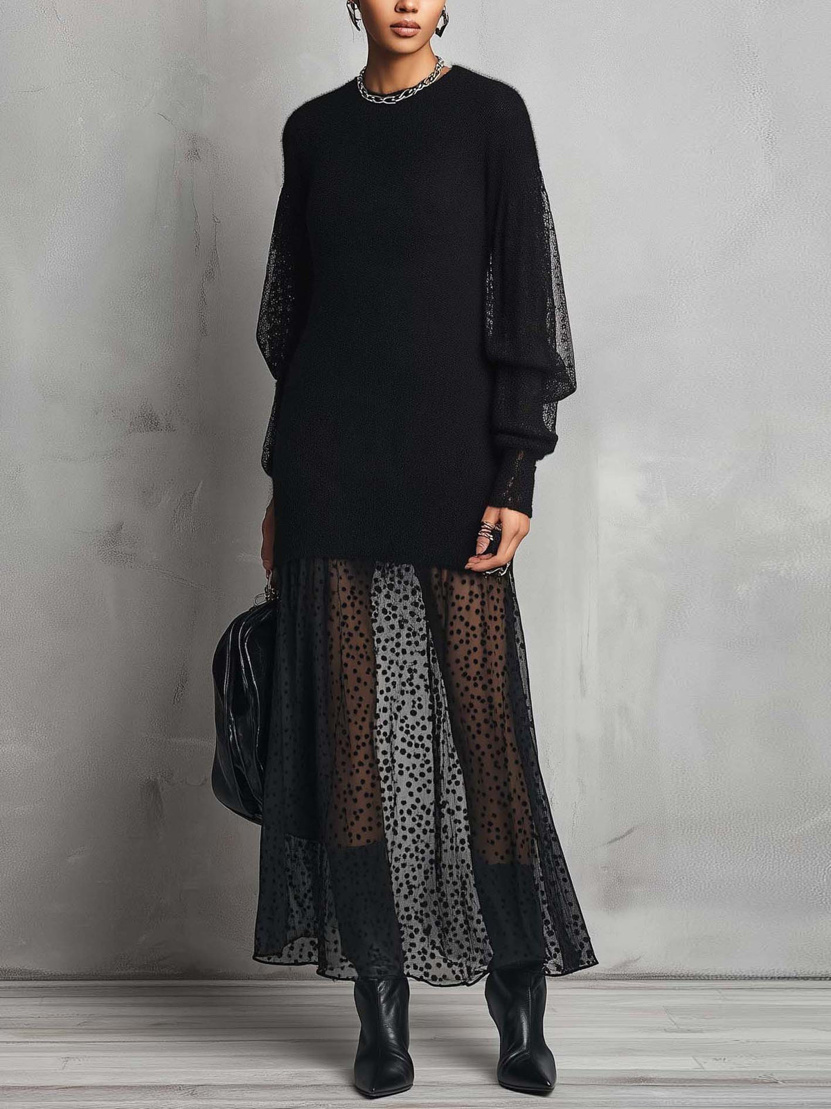 Black Knit Maxi Dress with Polka Dot Sheer Mesh Patchwork Hem