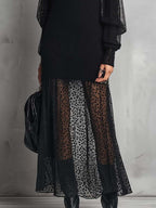 Black Knit Maxi Dress with Polka Dot Sheer Mesh Patchwork Hem