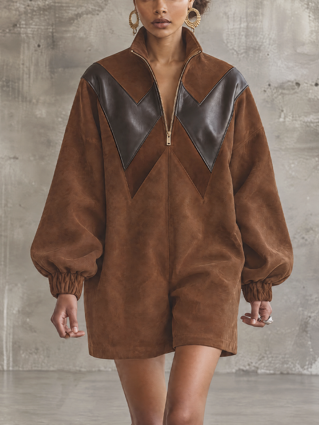 Brown Faux Suede Contrast Leather Half Zip Mini Dress