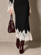 Black Knit V-Neck Maxi Dress with Ivory Crochet Lace Cuffs and Hem