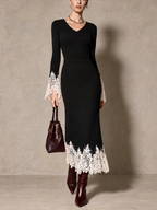 Black Knit V-Neck Maxi Dress with Ivory Crochet Lace Cuffs and Hem