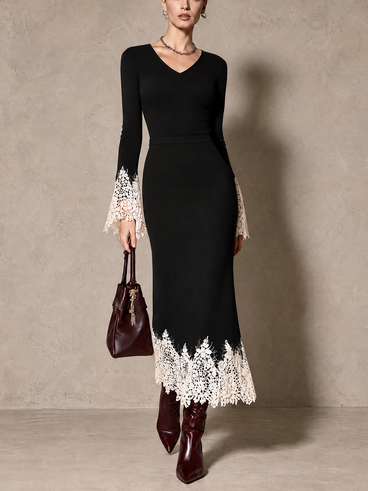 Black Knit V-Neck Maxi Dress with Ivory Crochet Lace Cuffs and Hem