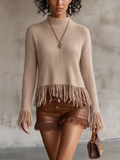 Oat Ribbed Roll Neck Fringe Knit Top