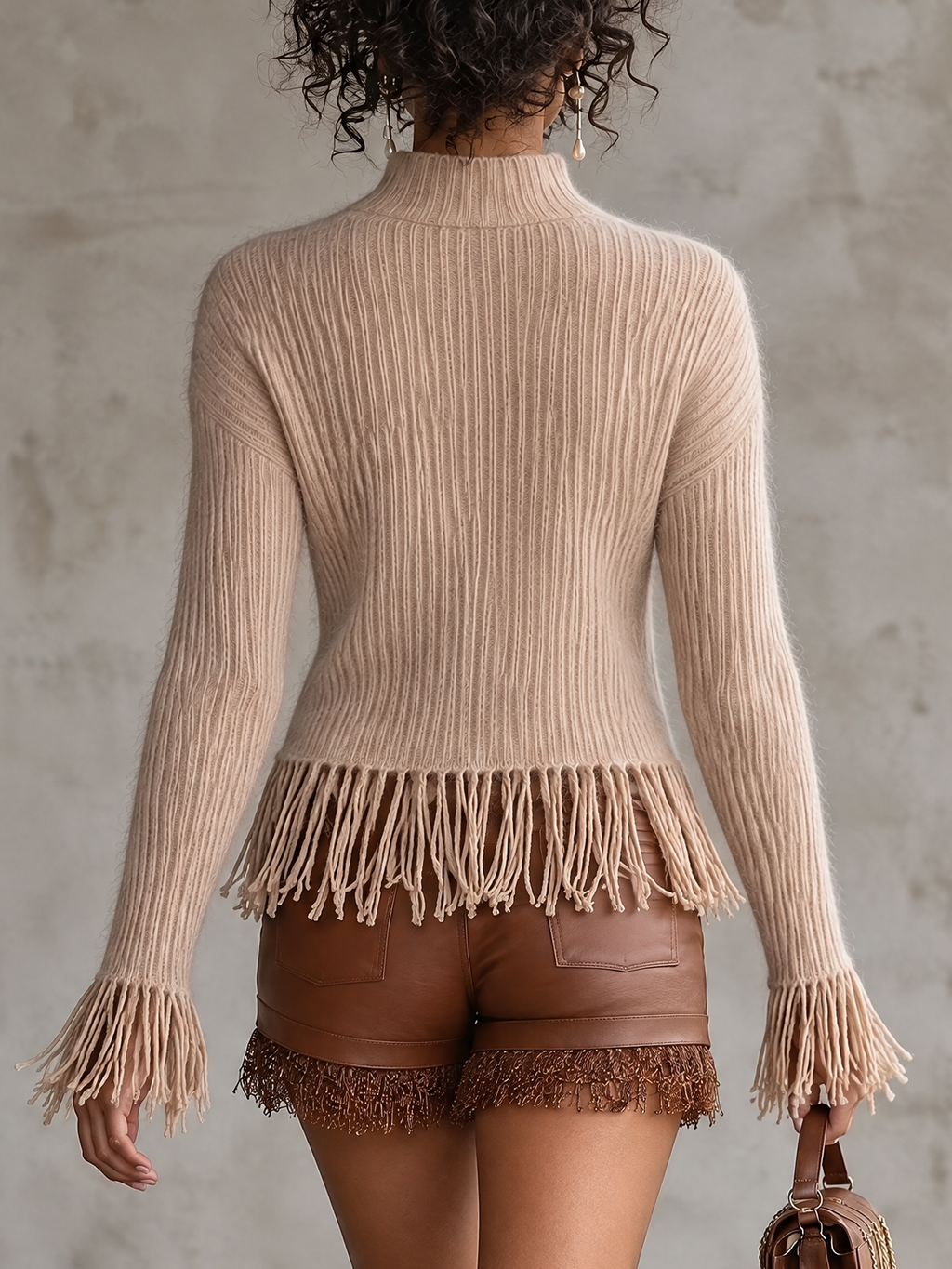 Oat Ribbed Roll Neck Fringe Knit Top