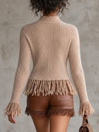 Oat Ribbed Roll Neck Fringe Knit Top