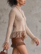 Oat Ribbed Roll Neck Fringe Knit Top