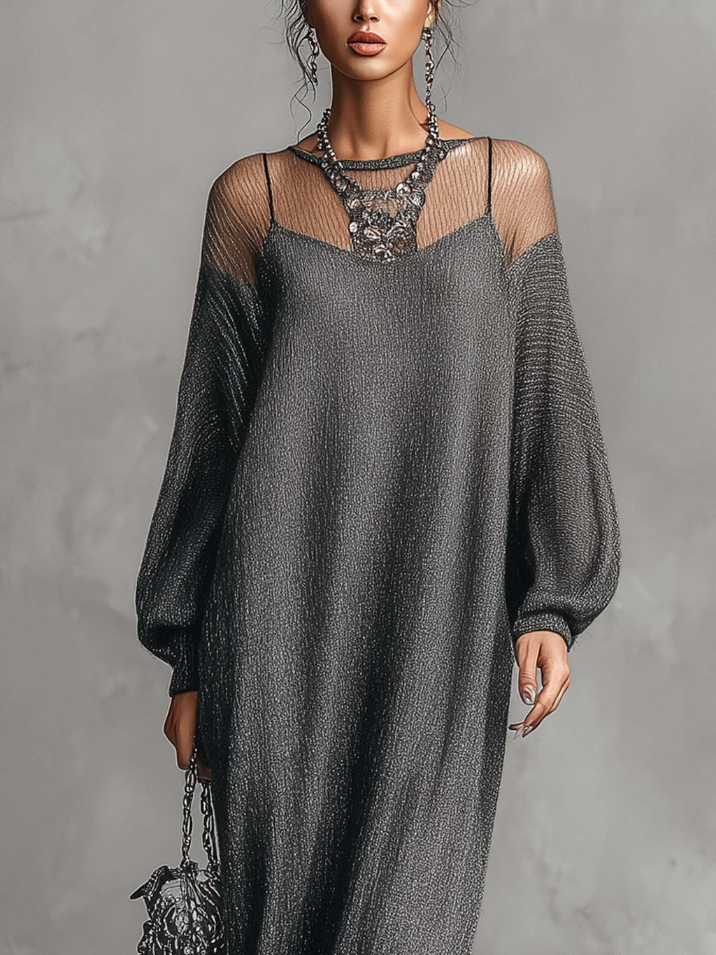 Charcoal Shimmer Knit Maxi Dress with Sheer Mesh Illusion Neckline