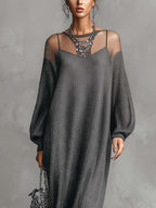 Charcoal Shimmer Knit Maxi Dress with Sheer Mesh Illusion Neckline
