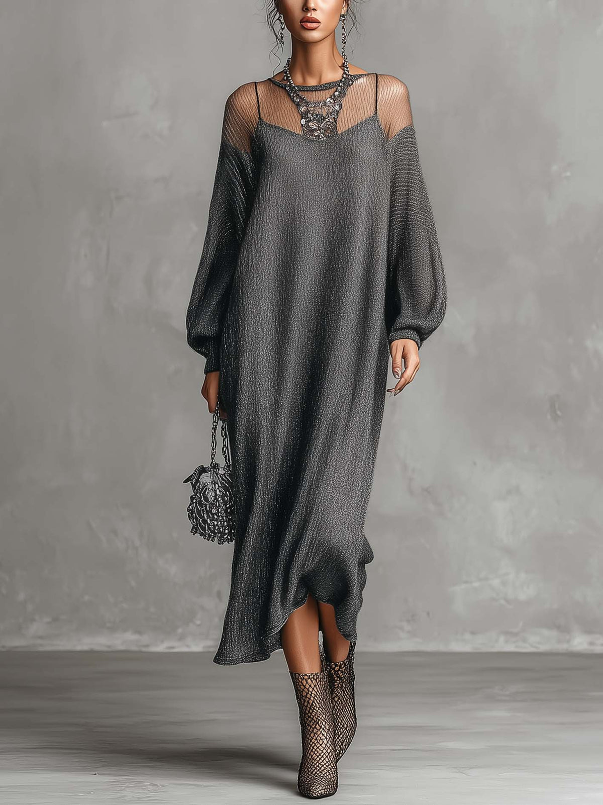 Charcoal Shimmer Knit Maxi Dress with Sheer Mesh Illusion Neckline