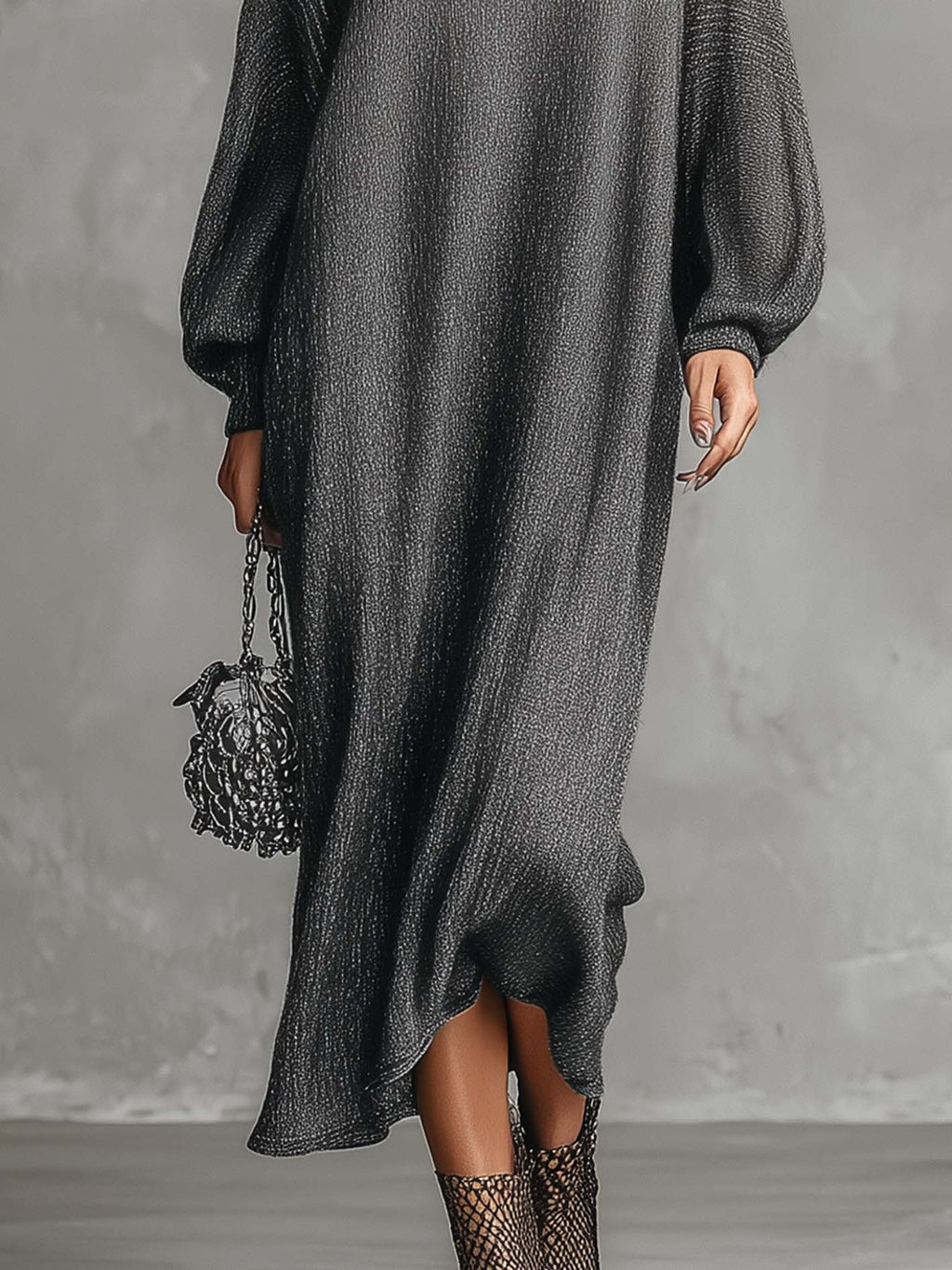 Charcoal Shimmer Knit Maxi Dress with Sheer Mesh Illusion Neckline