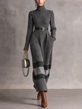 Grey Black Striped Roll Neck Knit Maxi Dress