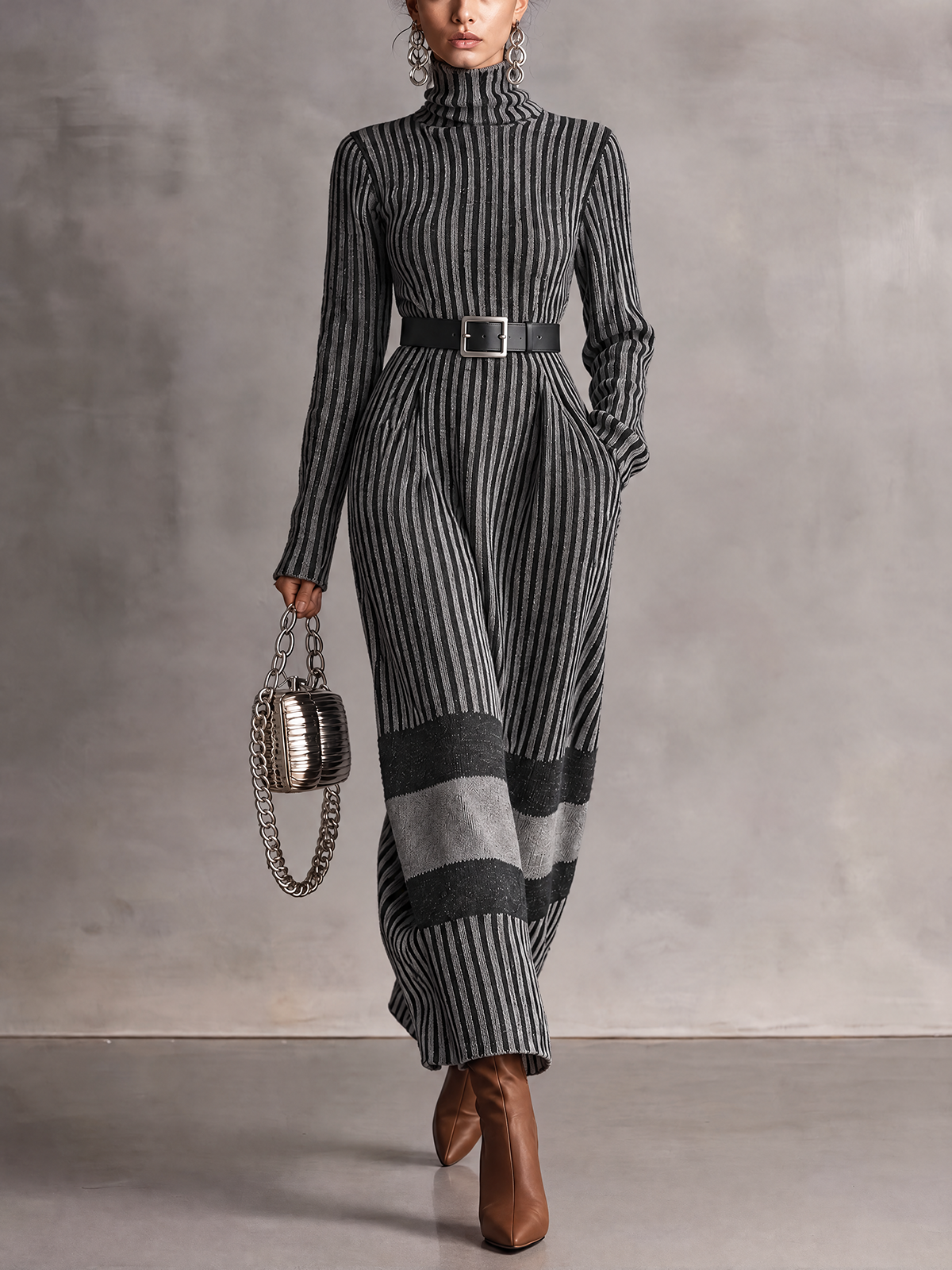 Grey Black Striped Roll Neck Knit Maxi Dress