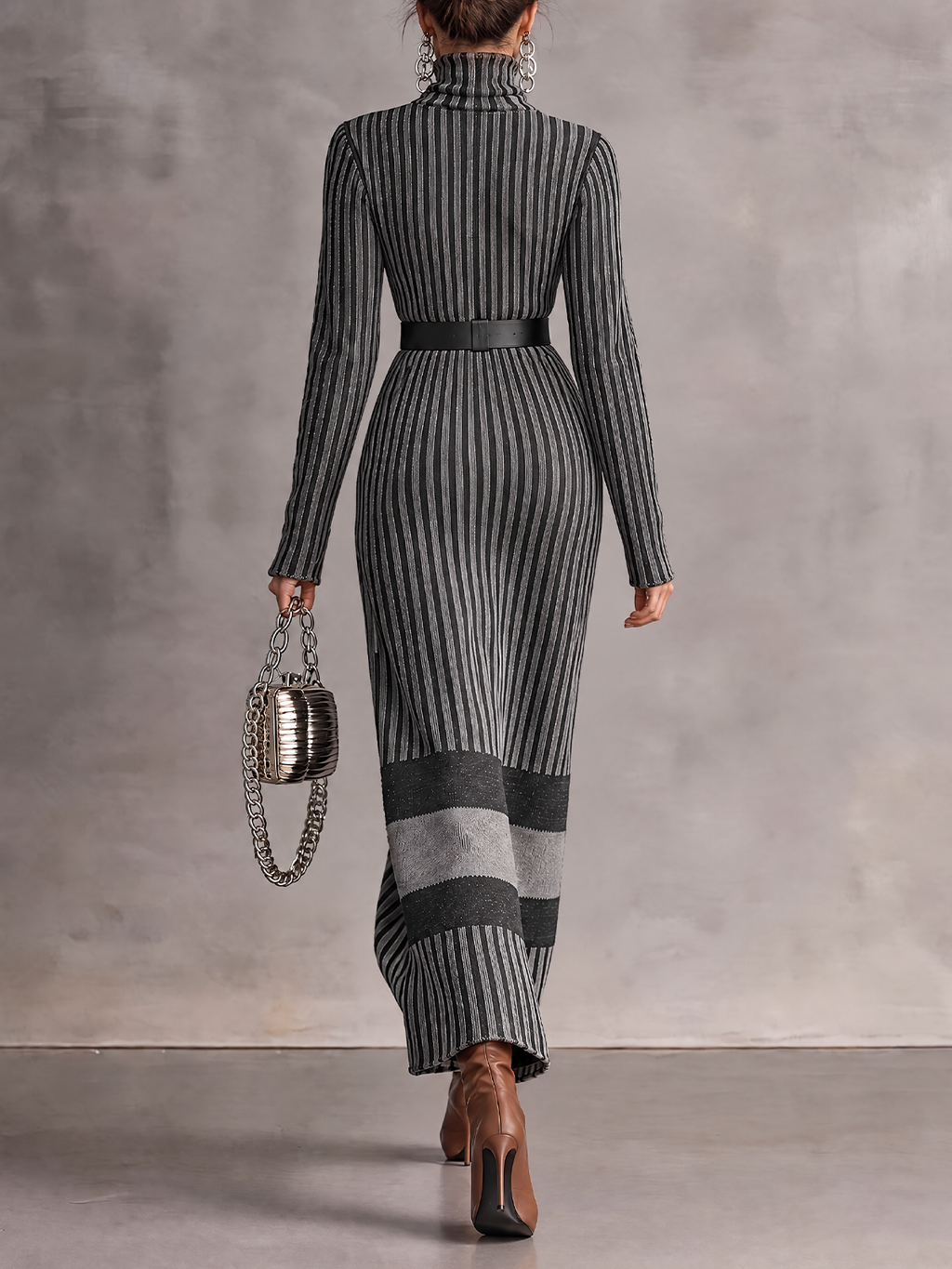 Grey Black Striped Roll Neck Knit Maxi Dress