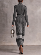 Grey Black Striped Roll Neck Knit Maxi Dress