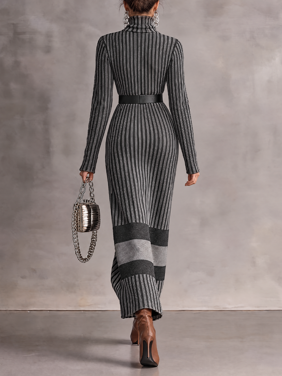 Grey Black Striped Roll Neck Knit Maxi Dress