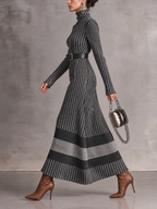 Grey Black Striped Roll Neck Knit Maxi Dress