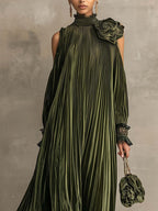 Olive Green Pleated Velvet Maxi Dress with 3D Floral Shoulder Appliques
