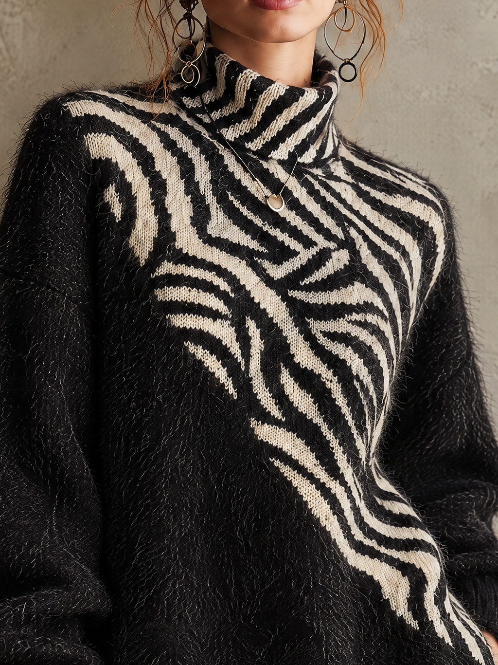 Black Fuzzy Mohair Zebra-Intarsia Roll Neck Mini Jumper Dress
