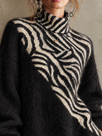 Black Fuzzy Mohair Zebra-Intarsia Roll Neck Mini Jumper Dress