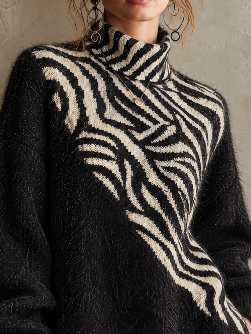 Black Fuzzy Mohair Zebra-Intarsia Roll Neck Mini Jumper Dress