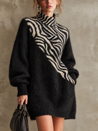 Black Fuzzy Mohair Zebra-Intarsia Roll Neck Mini Jumper Dress