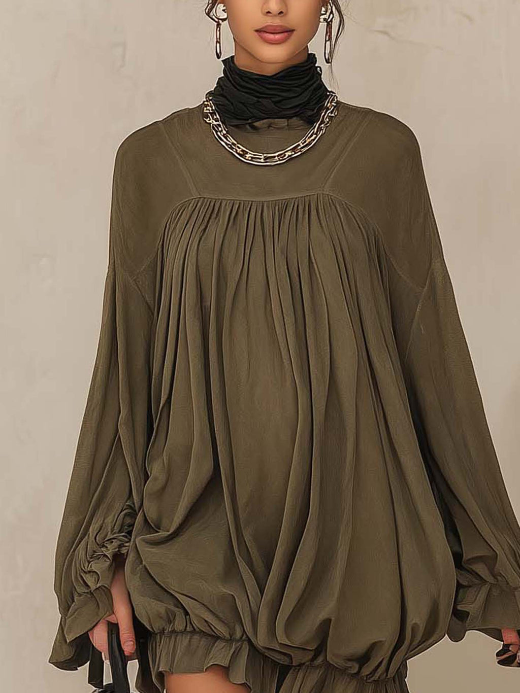 Olive Faux Suede Oversized Mini Dress with Gathered Yoke and Ruffle Hem